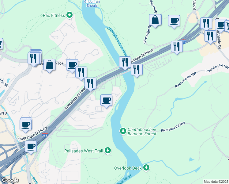 map of restaurants, bars, coffee shops, grocery stores, and more near 1065 Riverbend Club Drive Southeast in Atlanta