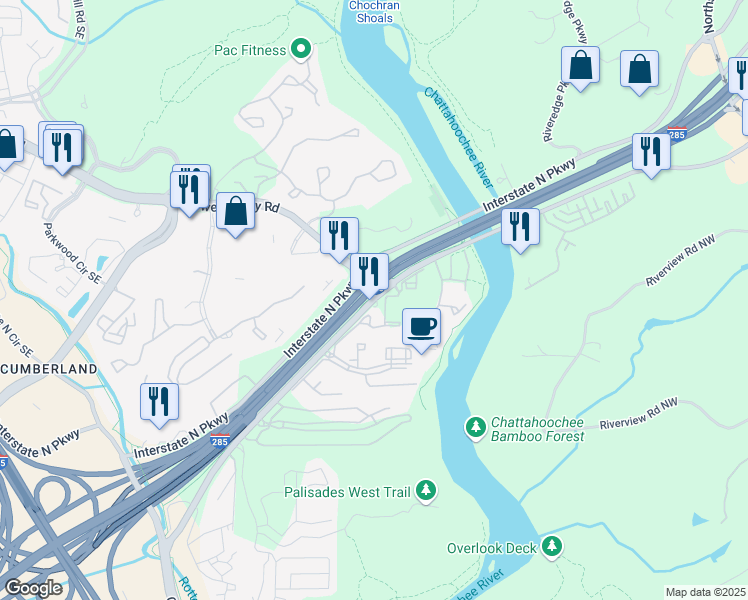 map of restaurants, bars, coffee shops, grocery stores, and more near 2243 Akers Mill Road Southeast in Atlanta