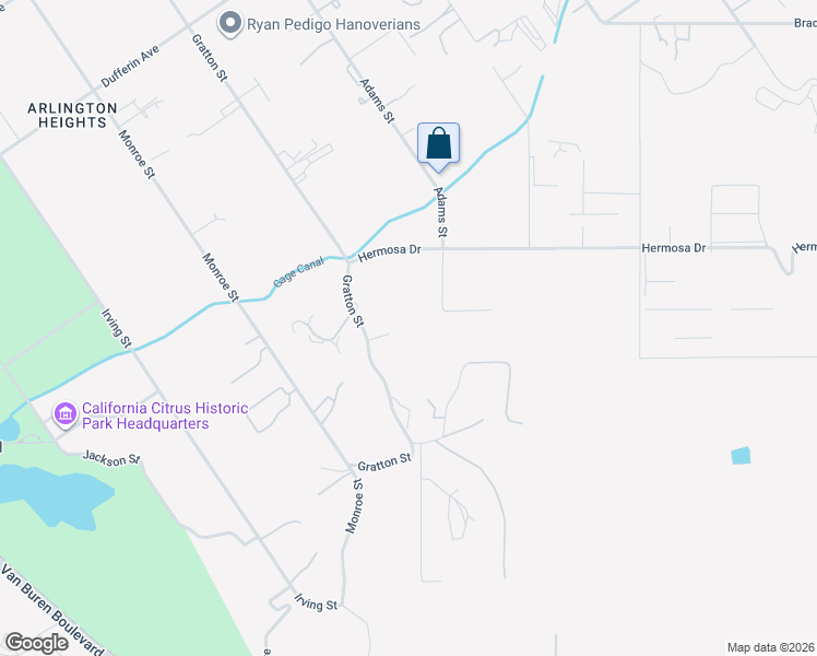 map of restaurants, bars, coffee shops, grocery stores, and more near 8402 Hermosa Drive in Riverside