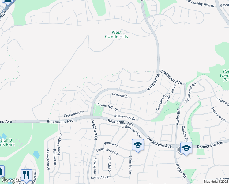 map of restaurants, bars, coffee shops, grocery stores, and more near 2173 Seaview Drive in Fullerton