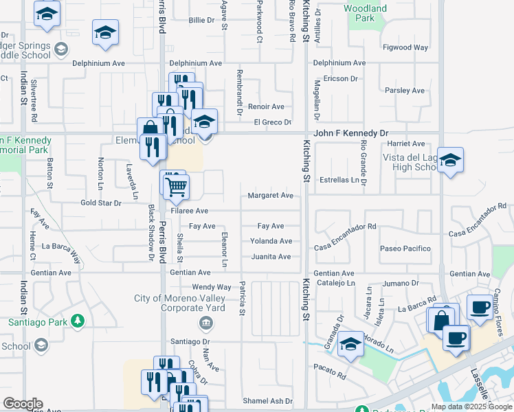 map of restaurants, bars, coffee shops, grocery stores, and more near 25340 Filaree Avenue in Moreno Valley