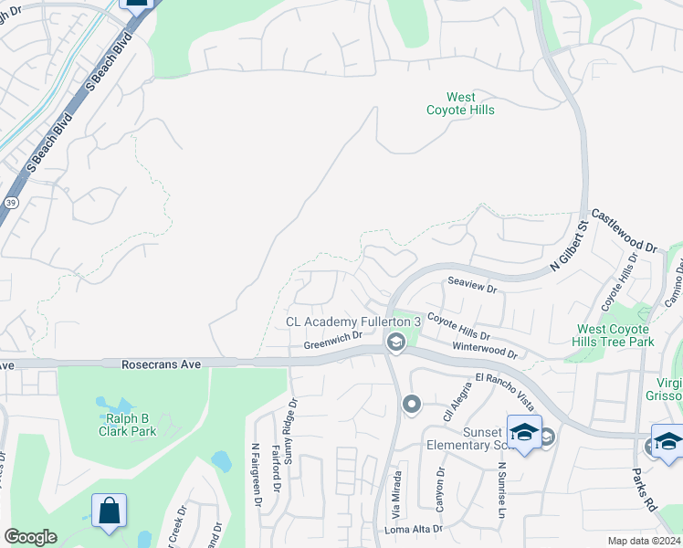 map of restaurants, bars, coffee shops, grocery stores, and more near 2320 Coventry Circle in Fullerton