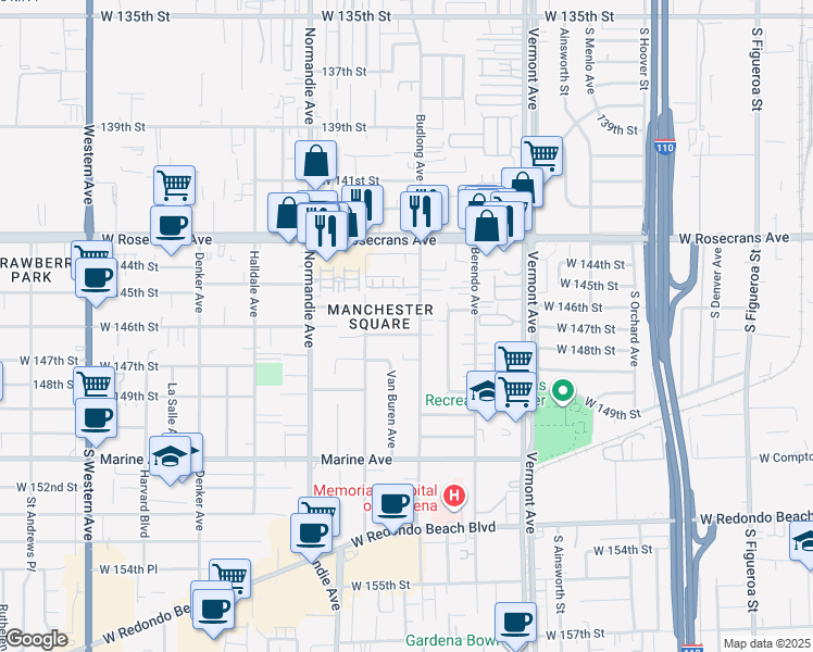 map of restaurants, bars, coffee shops, grocery stores, and more near 14626 Budlong Avenue in Gardena
