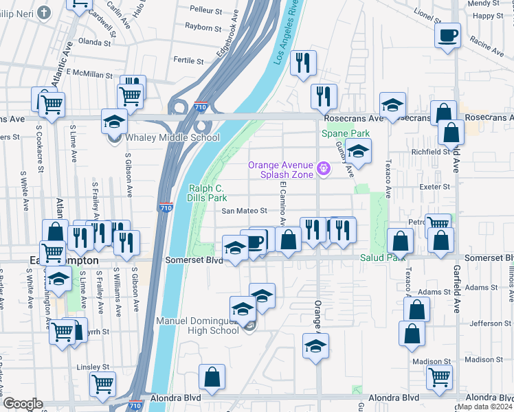 map of restaurants, bars, coffee shops, grocery stores, and more near 6611 San Mateo Street in Paramount