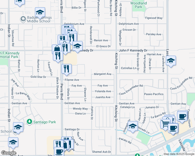 map of restaurants, bars, coffee shops, grocery stores, and more near 25340 Filaree Avenue in Moreno Valley