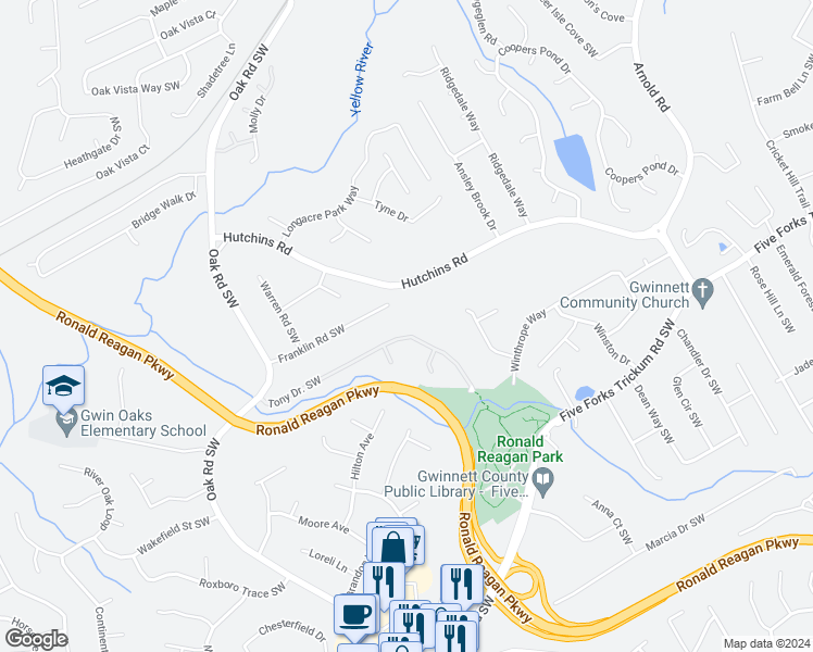 map of restaurants, bars, coffee shops, grocery stores, and more near 2811 Tony Drive Southwest in Lawrenceville