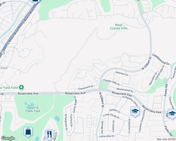 map of restaurants, bars, coffee shops, grocery stores, and more near 2422 Coventry Circle in Fullerton