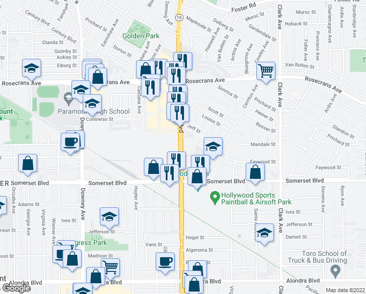 map of restaurants, bars, coffee shops, grocery stores, and more near 14822 Lakewood Boulevard in Bellflower