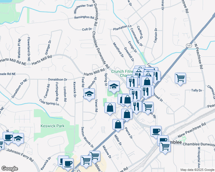 map of restaurants, bars, coffee shops, grocery stores, and more near 3650 Spring Street in Chamblee