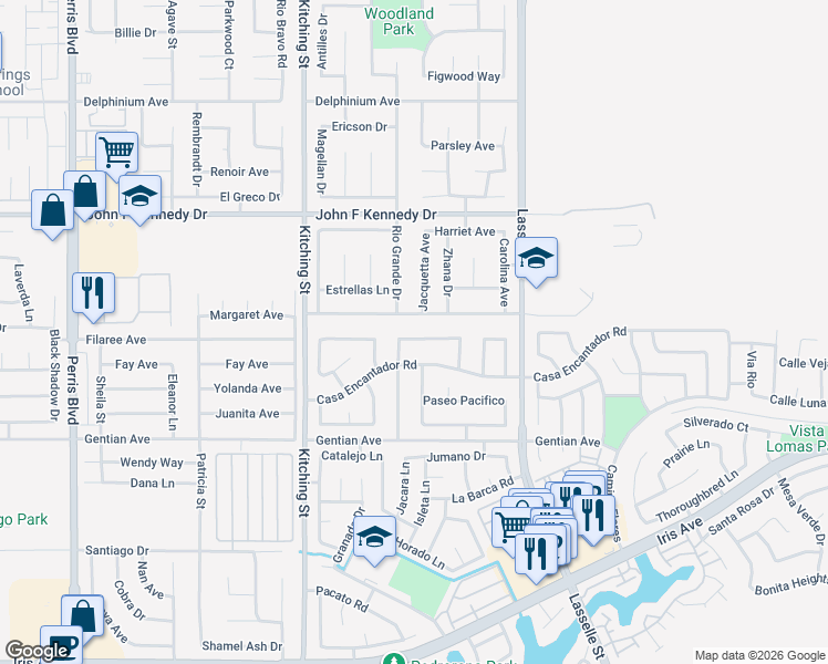 map of restaurants, bars, coffee shops, grocery stores, and more near 25742 Rancho Lucero Drive in Moreno Valley