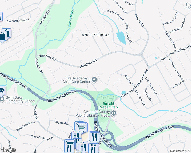 map of restaurants, bars, coffee shops, grocery stores, and more near 2820 Commons Dr in Lawrenceville