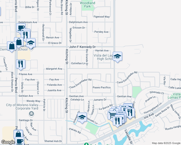 map of restaurants, bars, coffee shops, grocery stores, and more near 25742 Rancho Lucero Drive in Moreno Valley