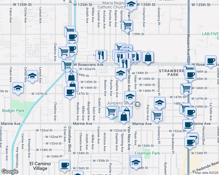map of restaurants, bars, coffee shops, grocery stores, and more near 14623 Daphne Avenue in Gardena
