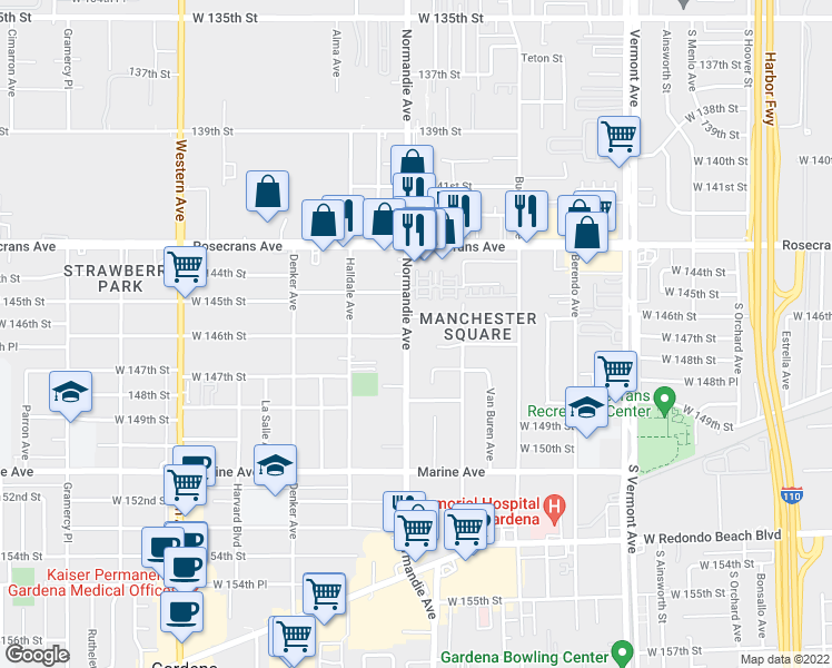 map of restaurants, bars, coffee shops, grocery stores, and more near 14580 Normandie Avenue in Gardena