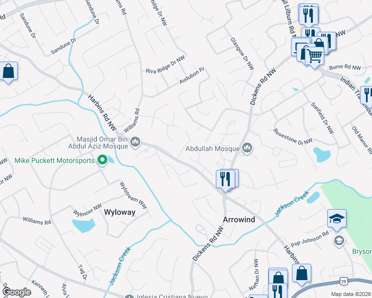 map of restaurants, bars, coffee shops, grocery stores, and more near 5280 Harbins Point Lane Northwest in Lilburn