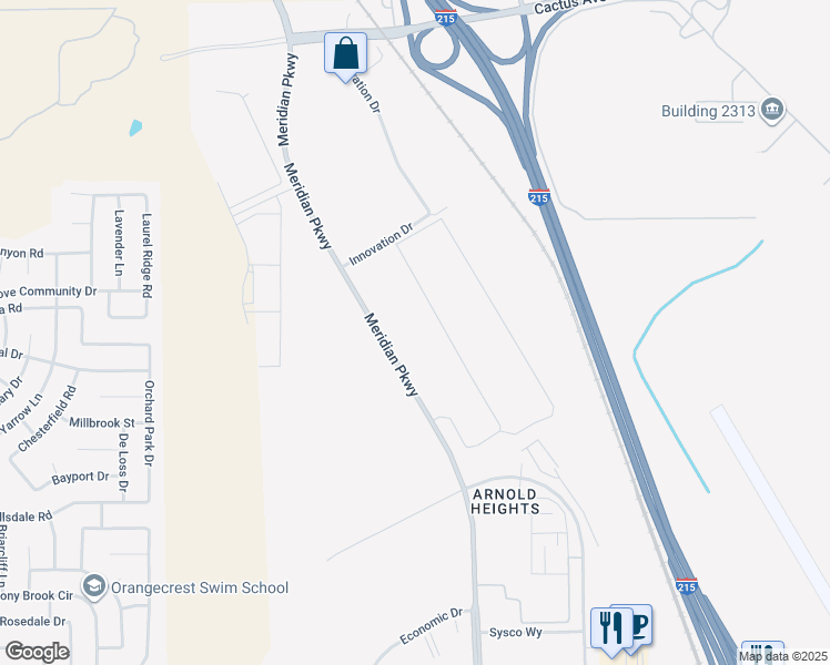 map of restaurants, bars, coffee shops, grocery stores, and more near 14900 Meridian Parkway in Riverside