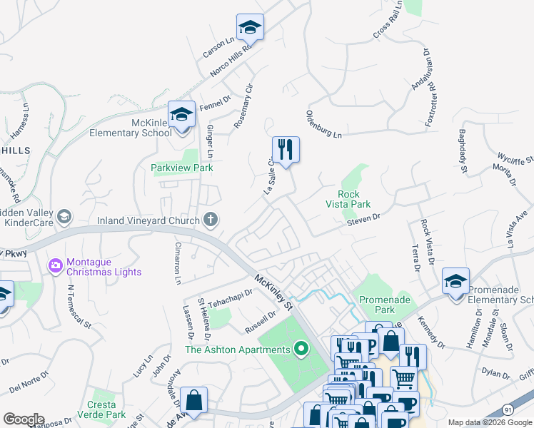 map of restaurants, bars, coffee shops, grocery stores, and more near 2275 Dorado Street in Corona