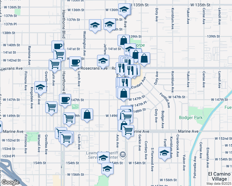 map of restaurants, bars, coffee shops, grocery stores, and more near 14609 Avis Avenue in Lawndale