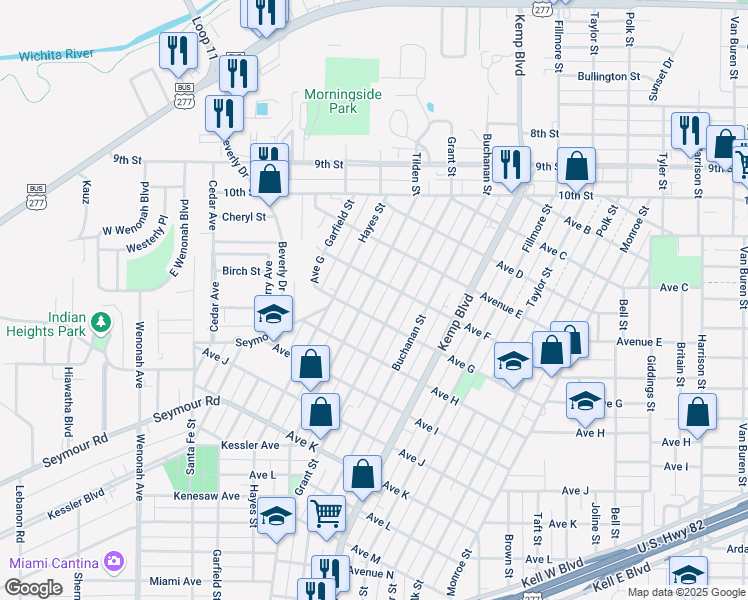 map of restaurants, bars, coffee shops, grocery stores, and more near 1615 Tilden Street in Wichita Falls