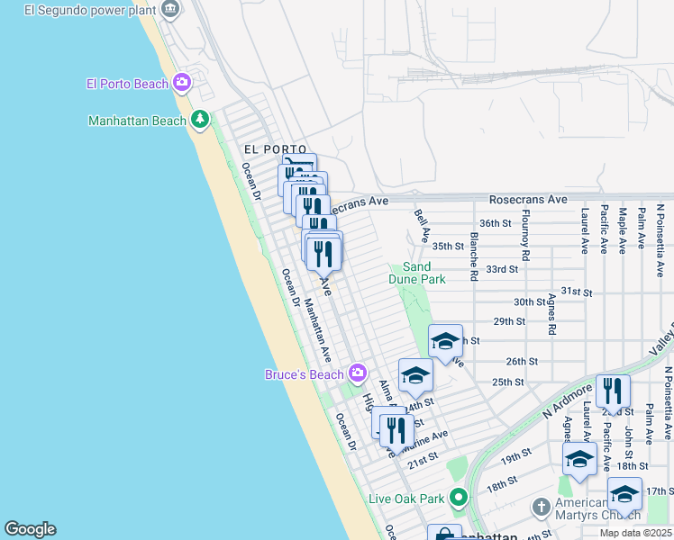 map of restaurants, bars, coffee shops, grocery stores, and more near 325 33rd Place in Manhattan Beach