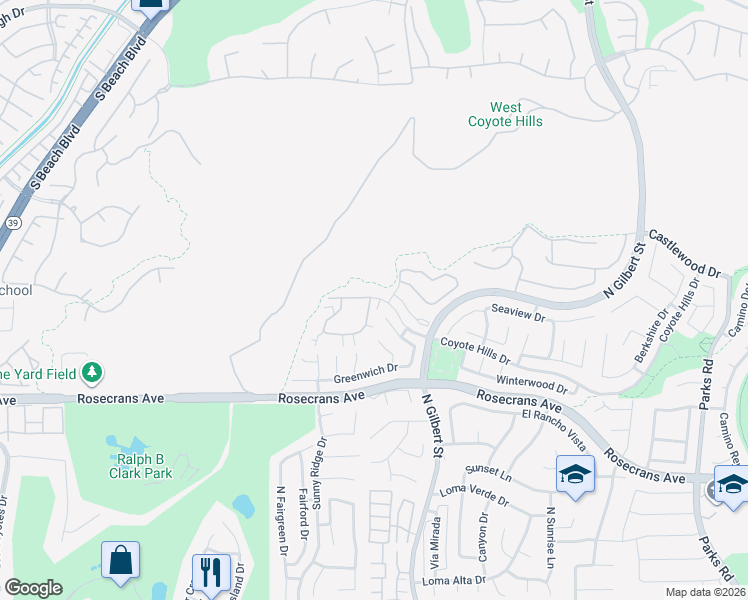 map of restaurants, bars, coffee shops, grocery stores, and more near 2326 Coventry Circle in Fullerton