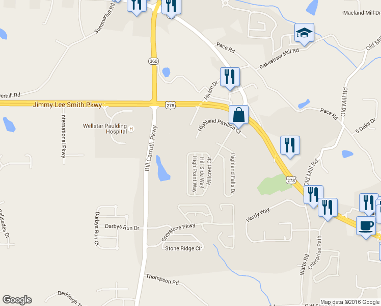 map of restaurants, bars, coffee shops, grocery stores, and more near 138 Hillcrest Circle in Hiram