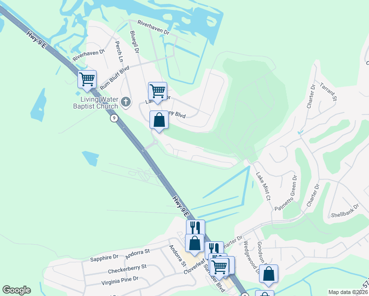 map of restaurants, bars, coffee shops, grocery stores, and more near 124 South Shore Boulevard in Longs
