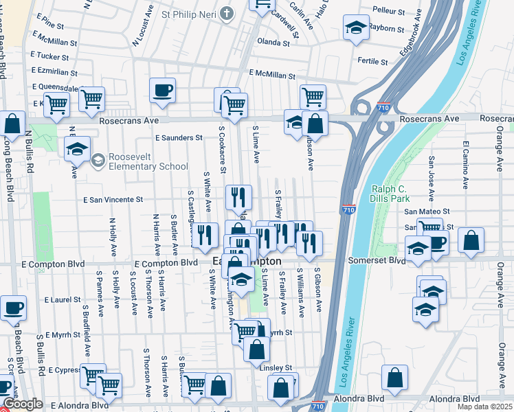 map of restaurants, bars, coffee shops, grocery stores, and more near 14713 South Lime Avenue in Compton