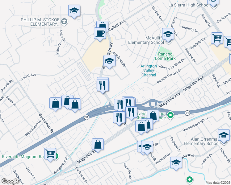map of restaurants, bars, coffee shops, grocery stores, and more near 11830 Pierce St in Riverside