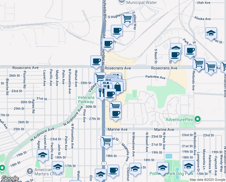 map of restaurants, bars, coffee shops, grocery stores, and more near 3200 North Sepulveda Boulevard in Manhattan Beach
