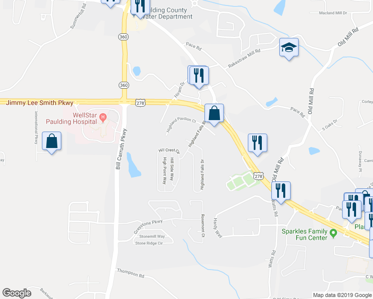 map of restaurants, bars, coffee shops, grocery stores, and more near 230 Highland Falls Boulevard in Hiram