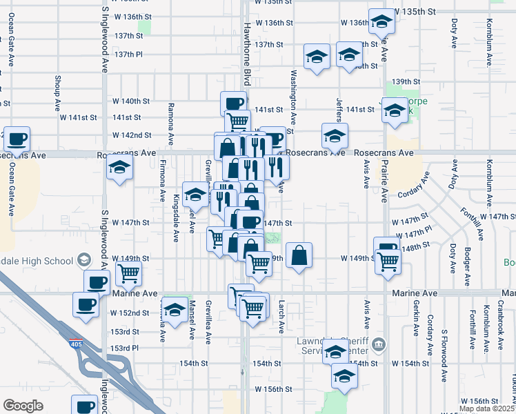map of restaurants, bars, coffee shops, grocery stores, and more near 14600 Hawthorne Boulevard in Lawndale