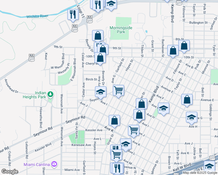 map of restaurants, bars, coffee shops, grocery stores, and more near 1717 Beverly Drive in Wichita Falls