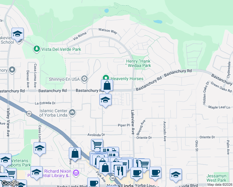 map of restaurants, bars, coffee shops, grocery stores, and more near 18339 Iris Lane in Yorba Linda