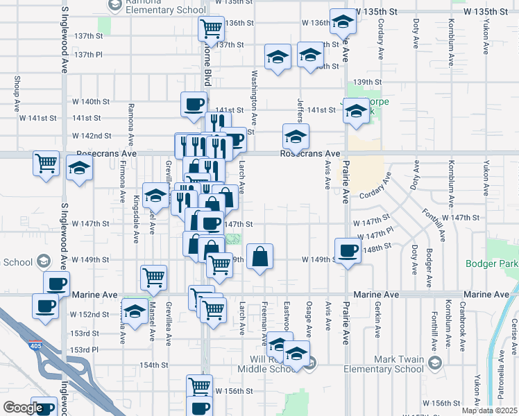 map of restaurants, bars, coffee shops, grocery stores, and more near 14531 Freeman Avenue in Lawndale