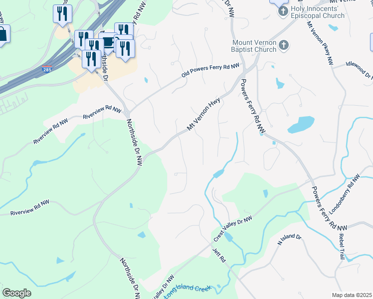 map of restaurants, bars, coffee shops, grocery stores, and more near 5246 Vernon Springs Trail Northwest in Atlanta