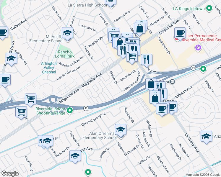 map of restaurants, bars, coffee shops, grocery stores, and more near 11341 Town & Country Drive in Riverside