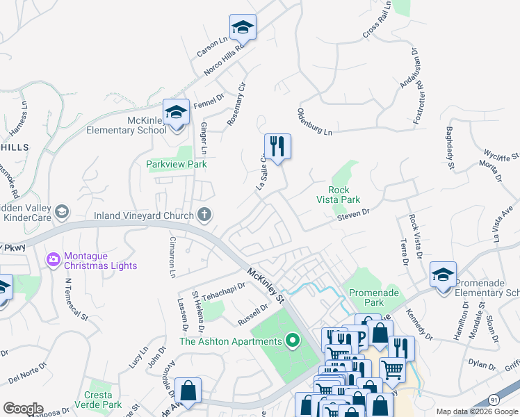 map of restaurants, bars, coffee shops, grocery stores, and more near 2251 Dorado Street in Corona