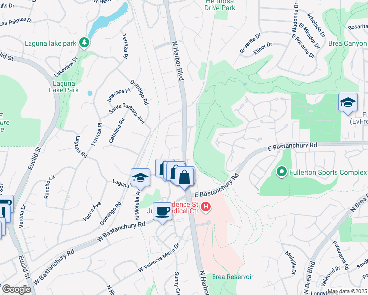 map of restaurants, bars, coffee shops, grocery stores, and more near 207 Miguel Place in Fullerton