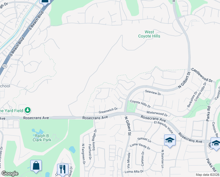 map of restaurants, bars, coffee shops, grocery stores, and more near 2326 Coventry Circle in Fullerton