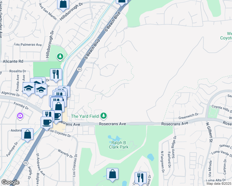 map of restaurants, bars, coffee shops, grocery stores, and more near 2872 Muir Trail Drive in Fullerton