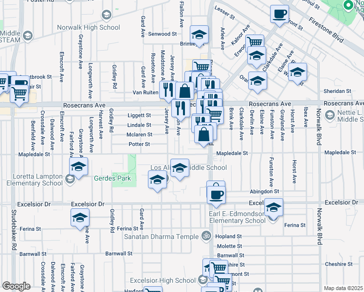 map of restaurants, bars, coffee shops, grocery stores, and more near 11700 Potter Street in Norwalk
