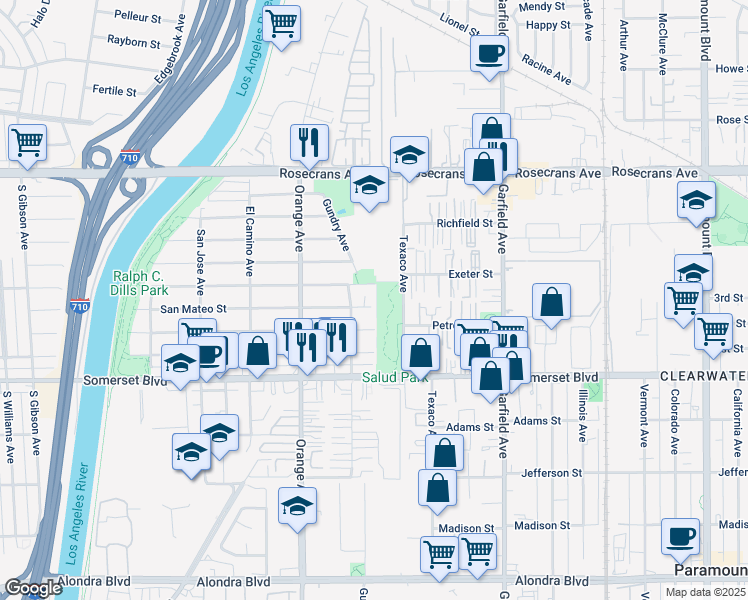 map of restaurants, bars, coffee shops, grocery stores, and more near 7123 San Marcus Street in Paramount
