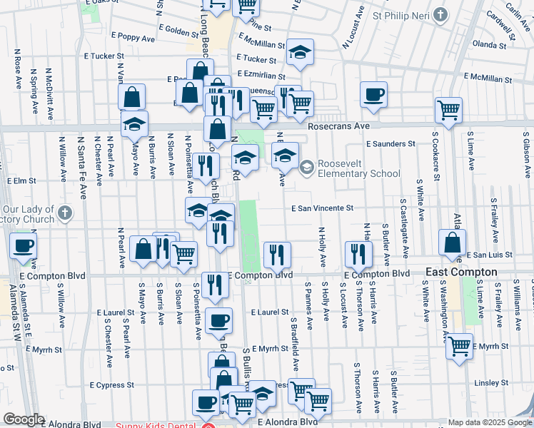 map of restaurants, bars, coffee shops, grocery stores, and more near 1706 East Palmer Street in Compton