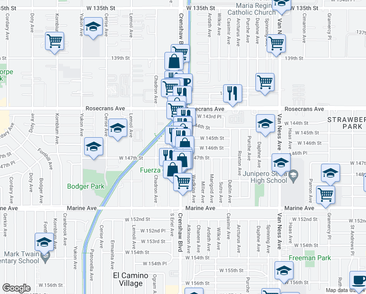 map of restaurants, bars, coffee shops, grocery stores, and more near 14626 Crenshaw Boulevard in Gardena