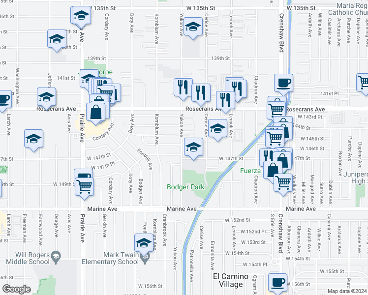 map of restaurants, bars, coffee shops, grocery stores, and more near 3559 West 147th Street in Hawthorne