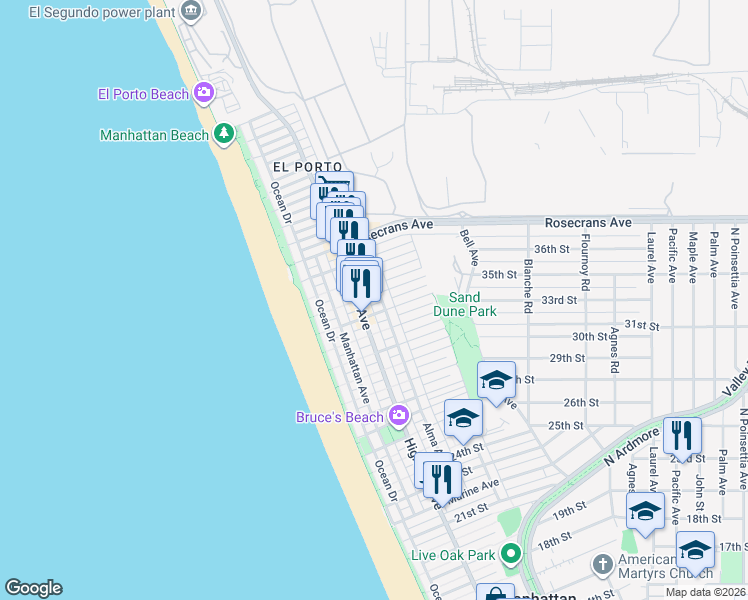 map of restaurants, bars, coffee shops, grocery stores, and more near 320 33rd Street in Manhattan Beach