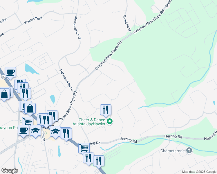 map of restaurants, bars, coffee shops, grocery stores, and more near 128 Graybrook Court in Grayson