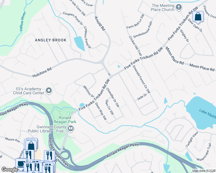 map of restaurants, bars, coffee shops, grocery stores, and more near 692 Chandler Drive Southwest in Lawrenceville