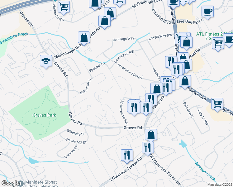 map of restaurants, bars, coffee shops, grocery stores, and more near 21-50 Tree House Parkway in Norcross